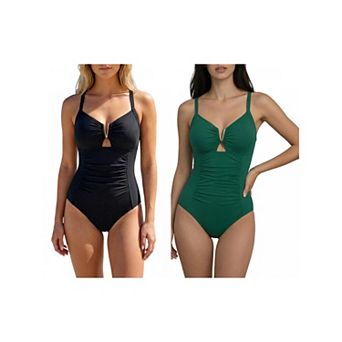 2 Packs Women's V Ring Cut Out Monokini Bikini 1 pc Tops Tummy Control Bottoms Swimwear