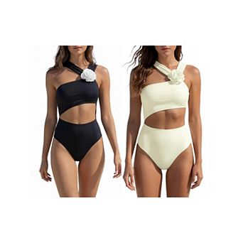 2 Packs Women's 3D Flower Bandeau Bikini Sets 2 pc Single Side Strap Tops High Waist Swimwear