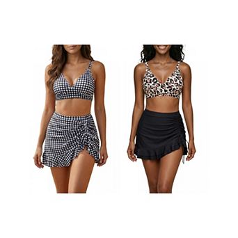 2 Packs Women's Leopard Plaid Polka Dots Bikini Sets 2 pc Strappy Tops Ruffled Skirt Swimwear