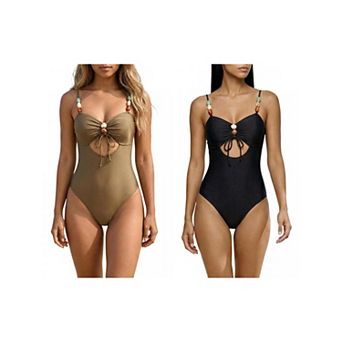 2 Packs Women's Retro Faux Stone Cut Out Monokini Bikini 1 pc Straps Tops Tummy Control Swimwear