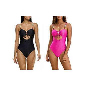 2 Packs Women's Retro Faux Stone Cut Out Monokini Bikini 1 pc Straps Tops Tummy Control Swimwear