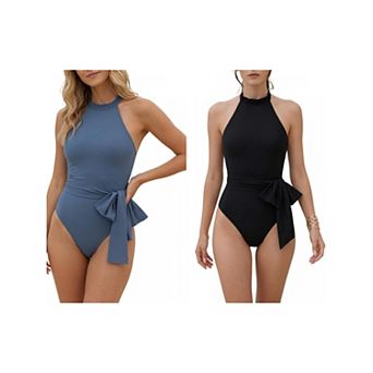 2 Packs Women's Ruffle Crew High Neck Halter Monokini Bikini 1 pc Tie Side Tummy Control Swimwear
