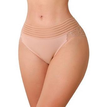 Womens Mesh Striped Underwear Mid Waisted Lace Briefs See Through Panties