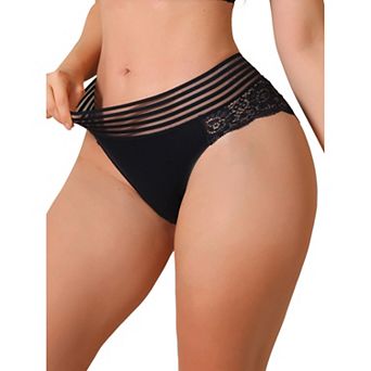 Womens Mesh Striped Underwear Mid Waisted Lace Briefs See Through Panties