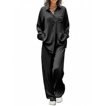 Ekouaer Womens Two Piece Silk Satin Pajama Set Long Sleeve Shirts and Pants Pajamas Sets