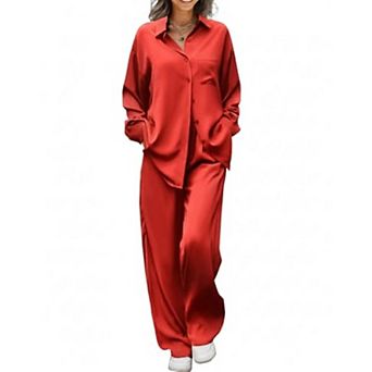 Ekouaer Womens Two Piece Silk Satin Pajama Set Long Sleeve Shirts and Pants Pajamas Sets