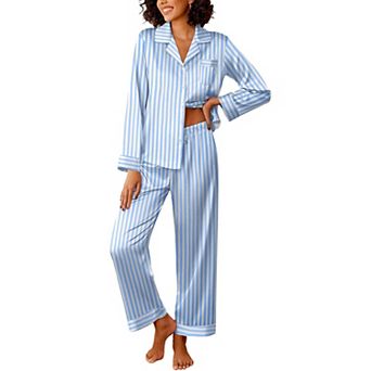 Ekouaer Womens Silk Satin Pajama Sets Two Piece Pajamas Set Long Sleeve Top and Pants Stripe