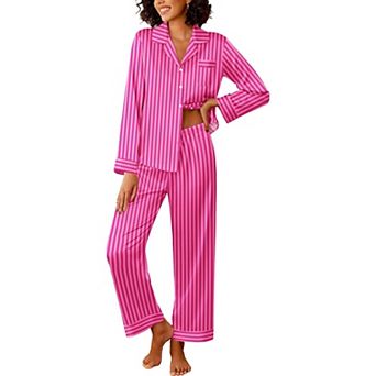 Ekouaer Womens Silk Satin Pajama Sets Two Piece Pajamas Set Long Sleeve Top and Pants Stripe