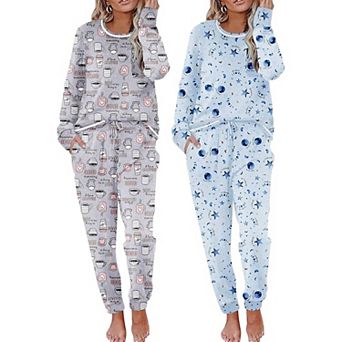 Ekouaer Two Pack Womens Pajama Sets Long Sleeve Lounge Sets Soft Pajama Sleepwear Loungewear