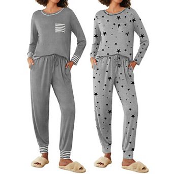 Ekouaer Two Pack Womens Pajama Sets Long Sleeve Lounge Sets Soft Pajama Sleepwear Loungewear