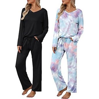 Ekouaer Womens Two Pack Pajama Set Long Sleeve Pajamas Top and Pants V Neck Pajamas Set Loungewear