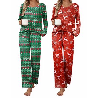 Ekouaer Womens Two Pack Pajama Set Long Sleeve Pajamas Top and Pants V Neck Pajamas Set Loungewear
