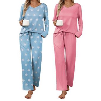 Ekouaer Womens Two Pack Pajama Set Long Sleeve Pajamas Top and Pants V Neck Pajamas Set Loungewear