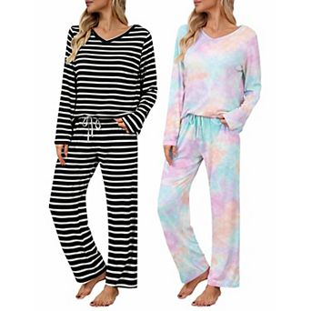 Ekouaer Womens Two Pack Pajama Set Long Sleeve Pajamas Top and Pants V Neck Pajamas Set Loungewear