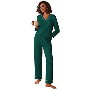 Ekouaer Womens Pajamas Sets Two Piece Pajamas V Neck Long Sleeve Sleepwear Pants with Pocket