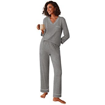 Ekouaer Womens Pajamas Sets Two Piece Pajamas V Neck Long Sleeve Sleepwear Pants with Pocket