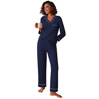 Ekouaer Womens Pajamas Sets Two Piece Pajamas V Neck Long Sleeve Sleepwear Pants with Pocket