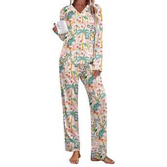 Ekouaer Womens Pajamas Sets Two Piece Pajamas V Neck Long Sleeve Sleepwear Pants with Pocket