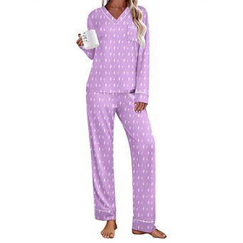 Ekouaer Womens Pajamas Sets Two Piece Pajamas V Neck Long Sleeve Sleepwear Pants with Pocket