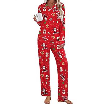 Ekouaer Womens Pajamas Sets Two Piece Pajamas V Neck Long Sleeve Sleepwear Pants with Pocket