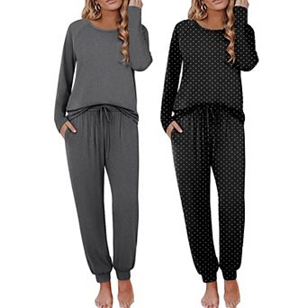 Ekouaer Two Pack Womens Pajamas Set Long Sleeve Sleepwear Top and Jogger Pants Cozy Pajamas