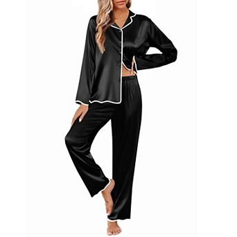 Ekouaer Womens Silk Pajama Set Satin Button Up Top and Silk Pants Silky Ladies Valentines