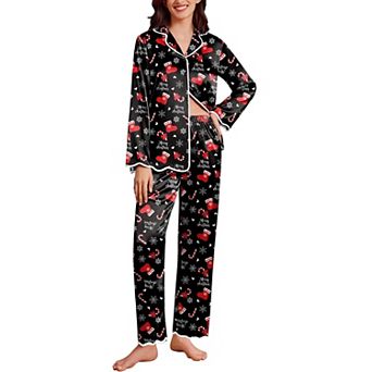Ekouaer Womens Silk Pajama Set Satin Button Up Top and Silk Pants Silky Ladies Valentines