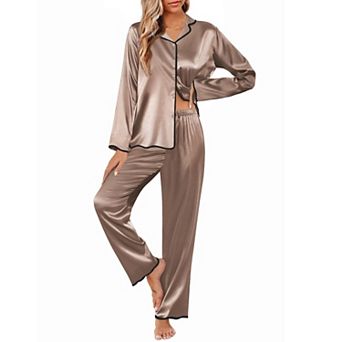 Ekouaer Womens Silk Pajama Set Satin Button Up Top and Silk Pants Silky Ladies Valentines