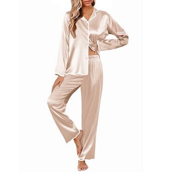 Ekouaer Womens Silk Pajama Set Satin Button Up Top and Silk Pants Silky Ladies Valentines