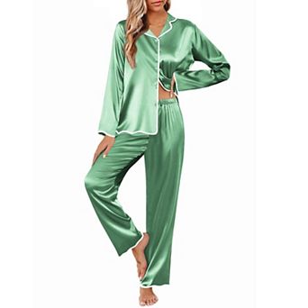 Ekouaer Womens Silk Pajama Set Satin Button Up Top and Silk Pants Silky Ladies Valentines