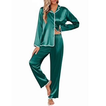 Ekouaer Womens Silk Pajama Set Satin Button Up Top and Silk Pants Silky Ladies Valentines