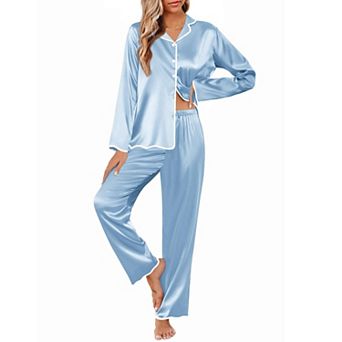 Ekouaer Womens Silk Pajama Set Satin Button Up Top and Silk Pants Silky Ladies Valentines