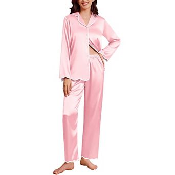 Ekouaer Womens Silk Pajama Set Satin Button Up Top and Silk Pants Silky Ladies Valentines