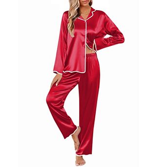 Ekouaer Womens Silk Pajama Set Satin Button Up Top and Silk Pants Silky Ladies Valentines