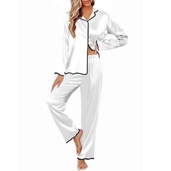 Ekouaer Womens Silk Pajama Set Satin Button Up Top and Silk Pants Silky Ladies Valentines
