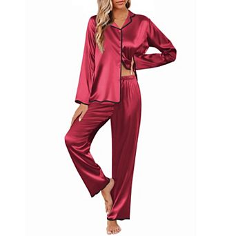 Ekouaer Womens Silk Pajama Set Satin Button Up Top and Silk Pants Silky Ladies Valentines