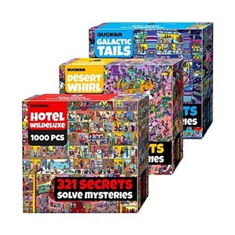 QUOKKA 1000 pc Jigsaw Puzzle for Adults Set of 3 - Desert Whirl, Galactic Tails, Hotel Wildeluxe