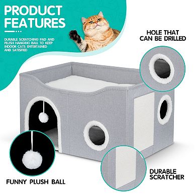Cat Beds for Indoor Cats, Polyester Indoor Cat House with Fluffy Ball & Scratch Pad