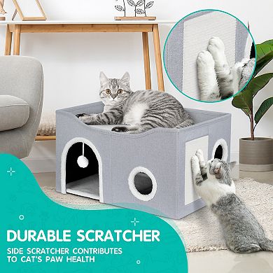 Cat Beds for Indoor Cats, Polyester Indoor Cat House with Fluffy Ball & Scratch Pad