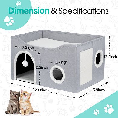 Cat Beds for Indoor Cats, Polyester Indoor Cat House with Fluffy Ball & Scratch Pad