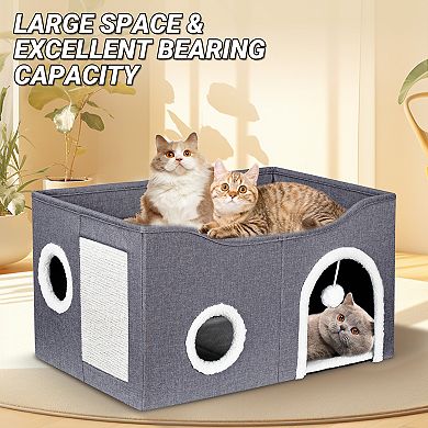 Cat Beds for Indoor Cats, Polyester Indoor Cat House with Fluffy Ball & Scratch Pad