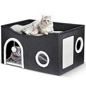 Cat Beds for Indoor Cats, Polyester Indoor Cat House with Fluffy Ball & Scratch Pad