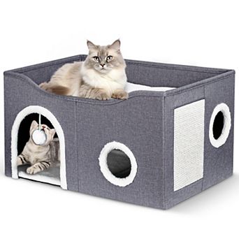 Cat Beds for Indoor Cats, Polyester Indoor Cat House with Fluffy Ball & Scratch Pad