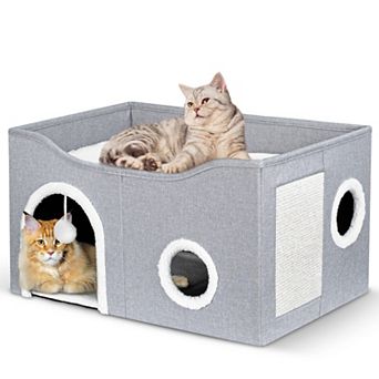 Cat Beds for Indoor Cats, Polyester Indoor Cat House with Fluffy Ball & Scratch Pad