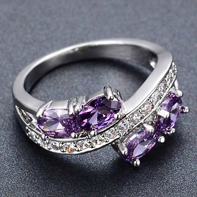 White Gold Plated Purple Cubic Zirconia Statement Ring