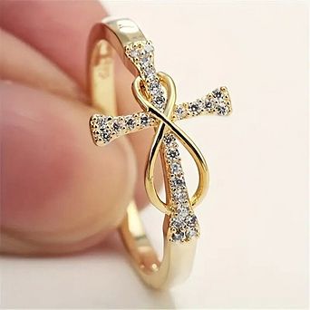 Women Fashion Cubic Zirconia Cross Ring Wedding Engagement Anniversary Party Jewelry
