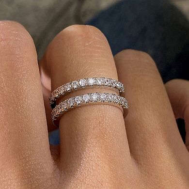 Women Dainty Cubic Zirconia Half Eternity Stackable Engagement Enhancer Guard Double Ring