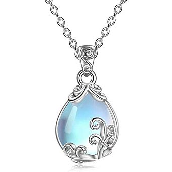 Women Moonstone Necklace Filigree Teardrop Pendant Necklace