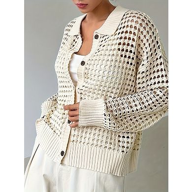 Women's Long Sleeve Button Hollow Out Knit Cardigan Sweater