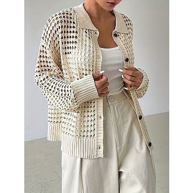 Women's Long Sleeve Button Hollow Out Knit Cardigan Sweater